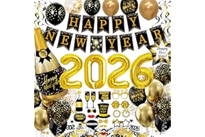 KONOZ Silvester Deko 2026 XXL Party Set, Neujahr Silvesterdeko, Happy New Year Girlande & Fotorequisiten & Konfetti Ballons & 2026 Folienballons, Silvesterparty Dekoration, Neujahrdeko(Schwarz Gold)