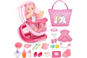deAO Accessori per Bambolotti Bambole, 12" Bambola Bebè Set Giocattolo Include 2-in-1 Lettino Bambola, Bambole e Biberon, Ciuccio, Pannolini, Pappa e Cura, New Born Baby Dolls per Bambini 3+ Anni