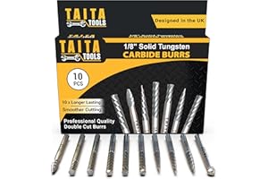 TAITATOOLS 10PC Double Cut Carbide Burr Set - 0.118" (3mm) Shank, Rotary Tool Cutting Burrs - Dremel Accessories, Fordom, Flex Shaft, Dewalt And Die Grinders - For Wood Carving, Metal Working And Engraving.