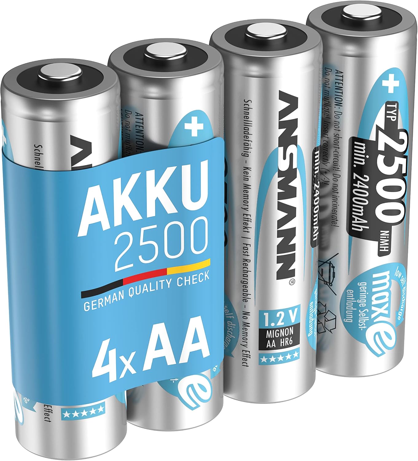Ansmann 5035442 - Pack de 4 Pilas Recargables (NiMH, maxE+, Mignon AA, Tipo 2500 mAh), Gris
