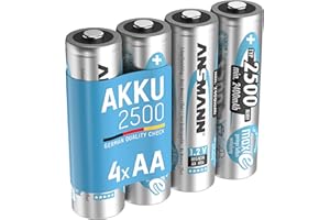 ANSMANN Piles rechargeables HR6 NiMH 2500 mAh 1,2 V (lot de 4) – Piles rechargeables Mignon AA à faible autodécharge – Accumulateurs pour appareils énergivores (radio-réveils, lampes torches, etc.)
