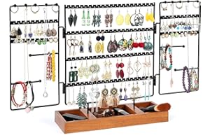 QILICZ Présentoir à boucles d'oreilles, porte-bijoux, porte-bijoux mobile et plateau en bois – Organisateur de boucles d'oreilles avec bague et chaînes Étagère à bijoux pour boucles d'oreilles