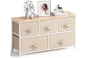 Pipishell Chest of Drawers, Fabric Storage Drawers easy to Install, Dresser with Wood Top and Large Storage Space, Vertical Chest of 5 Drawers Bedroom, Living Room, Nursery Room, Hallway, etc