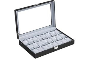 SONGMICS Watch Box, Lockable Watch Case, Watch Storage Box with 24 Slots, Glass Lid, Gift for Loved Ones, Black Synthetic Leather, Grey Lining JWB024