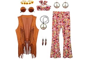 ANSAMY Conjunto de Disfraz Hippie para Mujer, Accesorios Disfraz Hippie Discoteca de Años 60 y 70, Chaleco con Flecos, Pendientes, Diadema, Collar, Gafas de Sol para Hippy Carnaval Mujer