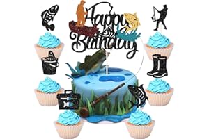 PALASASA 25 Stück Tortendeko Angeln Cake Toppers Fishing Glitzer Tortendeko Fische Schwarz Happy Birthday Topper mit Angler Angelwerkzeuge Kuchen Topper für Mann Jungen Kinder Geburtstags Kuchen Deko