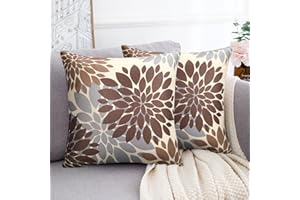 Lot de 2 Housses de Coussin 40 x 40 cm Marron et Gris Dahlia Décoratifs Moderne Abstrait Taie d'oreiller Géométrique Carrée Douce pour Canapé Banc Jardin Extérieur