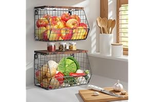 HATANSE Fruteros de 2 Pisos, Frutero de Cocina Moderno, Fruteros de Colgante Pared con Tapa de Madera, Apilables y Montables en la Pared para Fruteira Aperitivos y Almacenamiento en El Baño