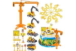ALBEFER 25Pcs Mini Construction Vehicles Cake Toppers Set with Number 0-9 Golden Stick and 9 Pcs Road Toy Sign Decor,Truck Cake Cupcake Topper,Digger Theme Cake Decorations for Kids Boys Baby Shower Birthday