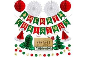 Premium Reusable Christmas Decorations Pack - Vintage Indoor Xmas Decorations, Merry Christmas banner and Hanging Honeycomb Paper Xmas Room Decor for Home or Office, by Itsy Bitsy Party Co
