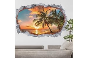 HPNIUB XL 3D Wall Sticker Sunset Landscape Wall Sticker for Living Room Wall Sticker Sea Beach Palm Island Caribbean Poster Window View Wall Decoration for Bedroom Kitchen Door Sticker Bathroom