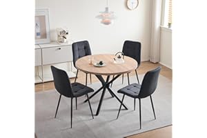 DEYARNA HOME Essgruppe 5-Teilig, 100cm Runder Esstisch und 4 Esszimmerstühle (Cord), Tisch und 4 Stühle für Küche, Wohnzimmer, Balkon, Restaurant, Büro (Helle Holzfarbe+Schwarz (Cord))