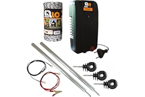 Ellofence Kit de démarrage complet avec clôture en pâturage, treillis de clôture de pâturage, piquet de terre et isolateurs - Appareil extrêmement silencieux