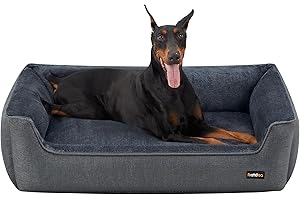 Feandrea Panier pour Chiens, Lit pour Animaux, Canapé, en Tissu Façon Lin, Bords Rehaussés, Antiglisse, Housse Amovible Lavable, Taille XXL pour Grands Chiens, 120 x 90 x 30 cm, Gris Foncé PGW013G01