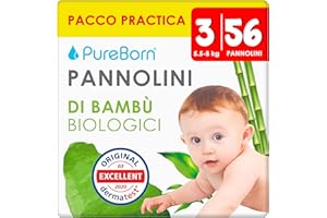 PureBorn 56 Pannolini Taglia 3 (5-8 kg), Ipoallergenico, Ultra assorbente, Pannolini 4-7mesi, Dermatologicamente testato, Protezione completa, pannolino di alta qualità naturali bambù