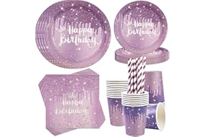 Lilagold Partygeschirr, 50Stück Kindergeburtstag Set Diamanten 23cm/18cm Pappteller Tassen Servietten Strohhalmebling Geburtstag Partygeschirr für Alles Gute zum Geburtstag Hochzeit Tischdekorationen