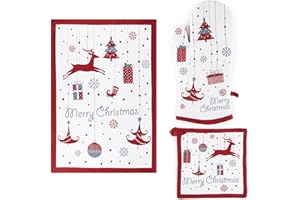 Excelsa Merry Christmas - Juego textil de cocina, guante de horno, manopla y paño de cocina, algodón, relleno de poliéster