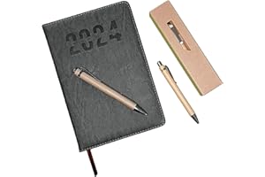 MUNDO AVIOS Agenda 2024 dia por pagina, en Español, con Boligrafo de madera, tapa Dura, A5, agenda anual, sin anillas, profesional, trabajo, agenda 2024 A5, agenda por pagina, agenda diaria 2024, dietario