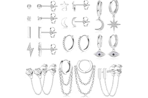 JeweBella 12 par małych kolczyków damskich ze stali nierdzewnej ze stali nierdzewnej gwiazda księżyc wiszące kolczyki z hipoalergicznym łańcuszkiem z cyrkonią kulkowe Evil Eye kolczyki złote / srebrne