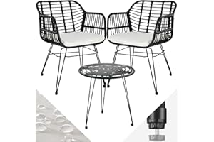 TecTake® Salottino in Rattan, Set da Balcone Elegante, 2 Sedie con Imbottitura e 1 Tavolo, Rivestimenti Idrorepellenti, Ideale per Terrazza e Giardino, Design Unico e Costruzione Stabile – Nero
