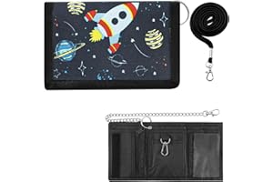 TOKSEO Kinder Geldbeutel mit Klettverschluss, Kordelzug, Metallkette, Gold Scheinfach und Münzfach, 8 x 12 cm Faltbare Weltraum Elemente Portemonnaie Kinder Geschenk für Kinder