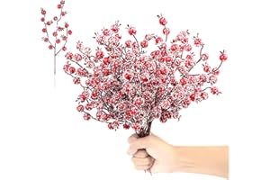 YiYa 24 Stück Rote Beere Picks Stechpalme Beeren Weihnachten Rote Beeren Künstliche Beerenstängel Schnee für Weihnachten Christbaumschmuck Kranz Hochzeit, Handwerk