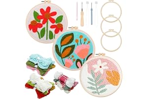 Allazone Kit de Broderie Punch Needle pour Débutants - 3 PCS avec Fils, Motifs et Instructions pour Adultes (Fleurs et Plantes)