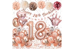 ALMAXI Decoration Anniversaire 18 ans Fille, Ballons Décoration 18 ans Anniversaire Fille de Fête Rose Or,PomPoms,Confetti Ballon,Bannière Joyeux
