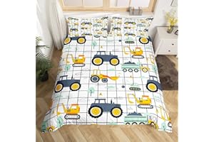 HOMEWISH Bagger Bettwäsche Set 135x200 - Traktor Bettbezug für Jungen, Lkw Schlafzimmer Dekor, Cartoon Auto Tröster Abdeckung, Bau Ausrüstung Bettwäsche, Schwarz Gitter Druck