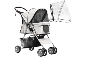 PawHut Hundebuggy, Hundewagen mit Regenverdeck, faltbarer Hundetrolley bis 10 kg, Katzenbuggy für kleine Hunde mit Netzfenster, Katzenwagen, Grau, 75 x 45 x 97 cm
