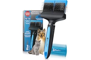 BluePet ZupfZeug Pro - Brosse professionnelle à poils longs et flexibles pour chiens et chats - Élimine doucement le sous-poil - Les nœuds et les nœuds (double tête, bleue)