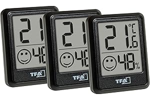 TFA Dostmann Mini Luftfeuchtigkeitsmesser Raumthermometer Innen 3er Set, 30.5060.01.03, Hygrometer, Feuchtigkeit und Temperatur messen, Schimmel vermeiden, inkl Batterien, schwarz