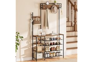 HOOBRO Drzewo holowe z miejscem na buty, regał na ubrania, dwustronne, 4-poziomowe, boczne półki do przechowywania z wieszakiem na ubrania, wieszak na buty i płaszcze, do przedpokoju