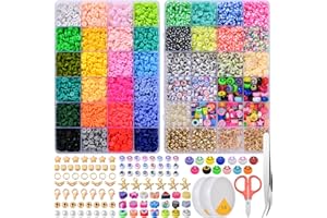 WHEELIO 8500 PCS Clay Beads Bracelet Making Kit, 34 Colors Flat Round Polymer 6mm with Letter Beads