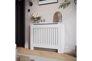 SIRHONA - Cubierta radiador, mamparo vertical, MDF lacado blanco, 112 x 19 x 81,5 cm, se puede colocar decoraciones, adecuadas para sala de estar, dormitorio, pasillo