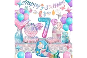 yosiio Meerjungfrau Partygeschirr Set, Meerjungfrau Geburtstag Deko 7 Jahre, Geburtstag Party Geschirr, Pappteller Kindergeburtstag Deko mit Luftballons für Geburtstagsdeko Mädchen 7 Jahre 16 Gäste