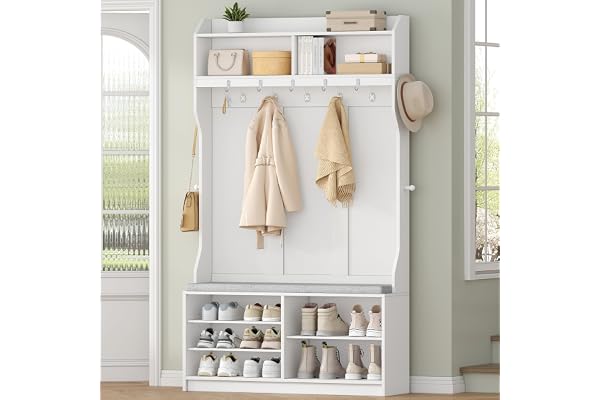 HEXCELEN Klädhängare med skobänk, 14 krokar, vit | Omklädningsrum, entréskåp med 7 öppna fack, justerbara hyllor, för hallar, entré, 30 x 100 x 183,4 cm