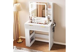 YITAHOME Schminktisch mit Verstellbarer LED-Beleuchtung und Steckdosen, Make-up-Tisch mit transparenter Glasplatte, Frisiertisch für das Schlafzimmer, 1 Schublade und 4 Fächer, weiß