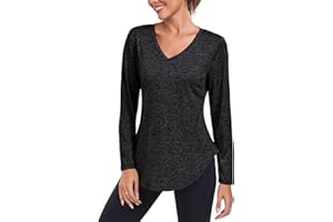 Deaviya Womens Gym Tops Long Sleeve Sports T-Shirt UK, V-Neck Workout Yoga Tops Ladies Running Tee Shirts, Activewear Loose Fit Quick Dry