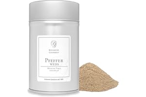 ‎BOOMERS GOURMET Boomers Gourmet - Weißer Pfeffer gemahlen - Muntok Pfeffer aus Indonesien - Muntok Perle Pfeffer - cremiger weißer Pfeffer - Premium gemahlener Pfeffer - Gewürzdose 11,5 cm - 100 g