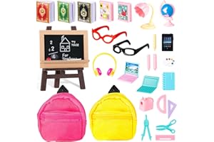 LZMDISU 30Pcs Mini School Supplies, Doll School Supplies Includes Mini Doll Glasses Backpack Blackboard Laptops Ruler Scissors Mini Book Palette Paper Calculator for Dolls Accessories Set