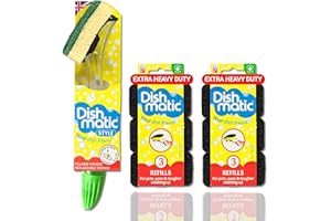 Washing Up Sponges Soap Dispensing Magic Handle, Super Scrubbing Kitchen Cleaner Flash Scourer Bathroom Scrub Sponge Scraper Refill (Bundle by FREYPAC) (Handle plus 7 Heavy Duty Sponge Refills)