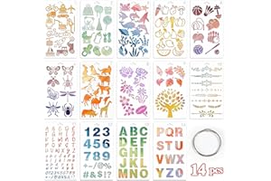 JSRQT 14 Piezas Plantillas de Dibujo Mixto, Plantilla de Dibujo y Letras para Pintar, Plantillas Bullet Journal para Manualidades Reutilizables, Kit de Plantillas para Álbum de Recortes Regalo Tarjeta