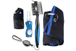 AINTY Golf Accessories Kits, Retractable Golf Club Cleaner Brush, Foldable Golf Divot Repair Tool, Large Microfiber Golf Towel for Golf Bags with Clip, Men Women Gift (Blue)