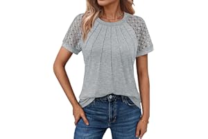 Cuptacc Bluzka damska z krótkim rękawem z koronkowymi rękawami 2024 na lato, okrągły dekolt, plisowana, jednokolorowa, tunika, elegancka