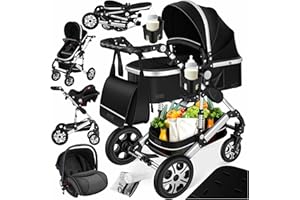 KESSER® Loops 4 in 1 Kinderwagen Kombikinderwagen Komplett-Set inkl. Babywanne & Buggy Sportsitz & Auto-Babyschale Voll-Gummireifen Wickeltasche Regenschutz Kindertisch ECE R129, Schwarz/Silber