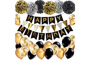 YELYAN Geburtstagsdeko, Schwarz Gold und Silber Geburtstag Dekoration Set, Happy Birthday Girlande mit Pompoms und Luftballons Konfetti Luftballons für Geburtstag Partydeko