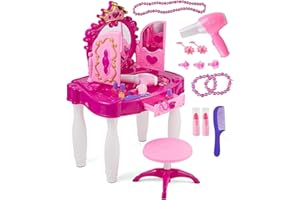 Prextex Enchanting Princess Kids Vanity Table Set - Glamorous Pink Make-Up Table, Beauty Mirror, Pink Stool Chair, Stocking Fillers, and Accessories for Girls' Imaginative Play, for Ages 3 and Up