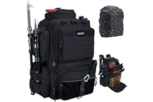 Goture Fishing Backpack with Two Rod Holders & Rain Cover, 900D Oxford Water-Resistant Fishing Tackle Bag with Adjustable Compartment, 45L Fishing Tackle Backpack, Fishing Gifts for Men, Black