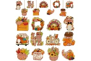 CAPGOOST Decoración de otoño de madera, 24 colgantes de madera para otoño, decoración de madera, decoración de otoño, calabaza, hoja de arce, enanos, gnomos, decoración de madera pintada de colores para Acción